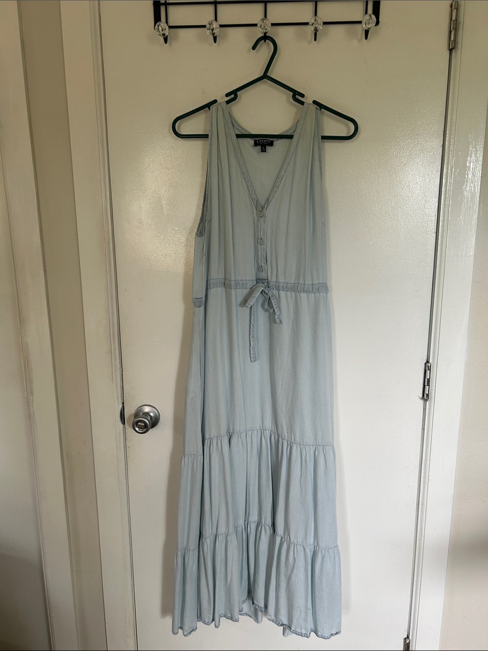 Light Blue Sleeveless Tiered Maxi Dress with Tie Waist and Pockets